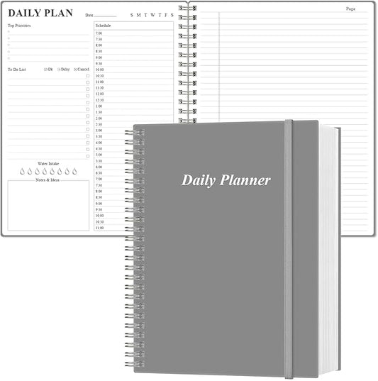 Daily Planner Undated - A4 To Do List Notebook Hourly Schedules, Spiral Appointment Planner for Women and Men,PVC Hardcover, Inner Pocket, Elastic Closure, 8.5" x 11", Grey