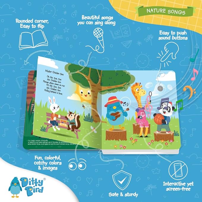 Ditty Bird Musical Books for Toddlers | Fun Children's Nursery Rhyme Book | Rain, Rain, Go Away Book with Sound | Interactive Toddler Books for 1 Year Old to 3 Year Olds | Sturdy Baby Sound Books