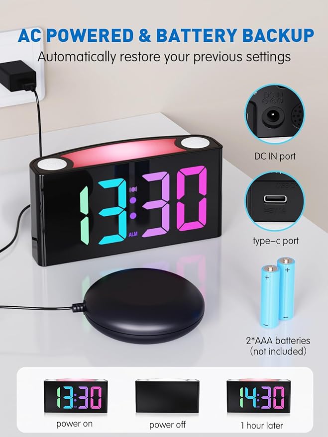PPLEE RGB Vibrating Alarm Clock for Bedroom-Digital Clock with Bed Shaker,Super Loud Alarm Clock for Heavy Sleeper Hearing Impaired Deaf,Large Big Numbers for Senior,USB&Type-C,Dimmable,Battery Backup