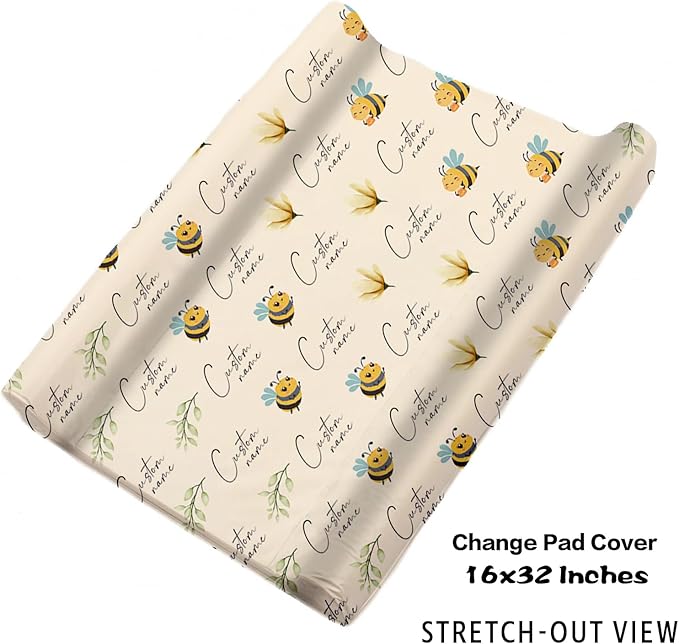 Personalized Baby Crib Bedding Set for Baby Girls, Yellow Bee Pattern Custom Name Baby Crib Sets 5-Pcs, Toddler Double Layer Blanket Fitted Sheets Changing Pad Cover Rug Wall Art Set