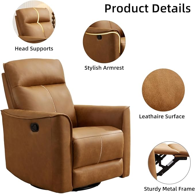 Swivel Rocker Recliner, Glider Rocking Chair, Nursing Chairs Swivel Glider Recliners with Soft Backrest, Leathaire Manual Reclining Sofa for Living Room Bedroom Apartment, Brown