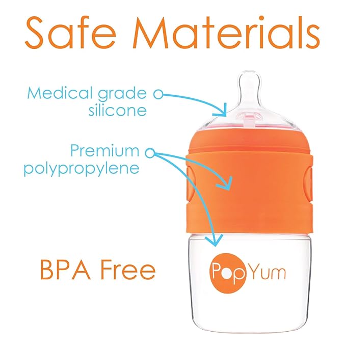 PopYum 5 oz Orange Anti-Colic Formula Making/Mixing/Dispenser Baby Bottle with #1 Slow Flow Nipple, 150 ml, BPA-Free, Natural Latch