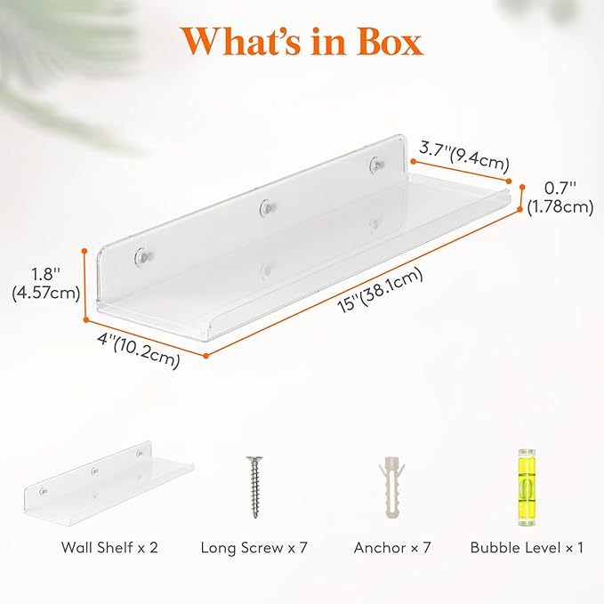 Lifewit Floating Shelves for Wall, 2 Pack 15" Clear Acrylic Shelf Room Decor for Book/Figures/Photo/Makeup in Bathroom, Book Shelf, Living Room, Bedroom, Kitchen Storage and Organization