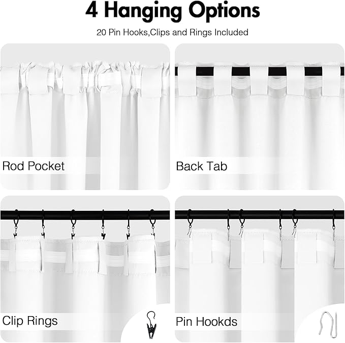 ANRODUO Back Tab Blackout Curtains for Bedroom Living Room, Rod Pocket Pinch Pleated Thermal Insulated Room Darkening Curtains 54 Inches Long 2 Panels, White, 42 x 54 Inch