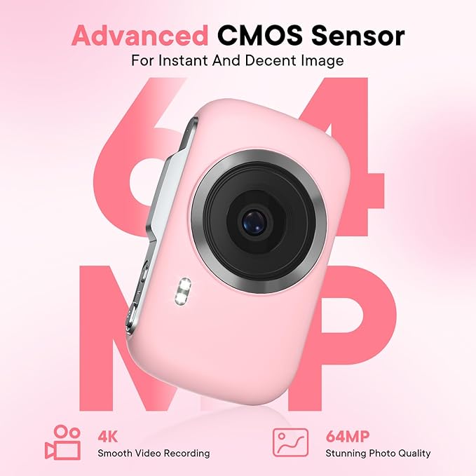 Digital Camera 4K 64MP - Vlogging Camera for Kids & Beginners | 18X Zoom Point and Shoot Camera Anti Shake, Compact with Flash, Gift for Boys Girls(Pink+Silver)