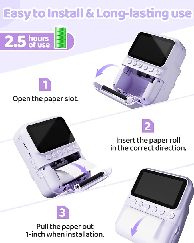 Kids Camera Instant Print for Girls Ages 3-14, 3-inch HD Screen Camera for Kids with Printing Paper, 1080P Digital Toddler Toys for 4 5 6 7 8 9 10 11 12 Years Old (Purple)