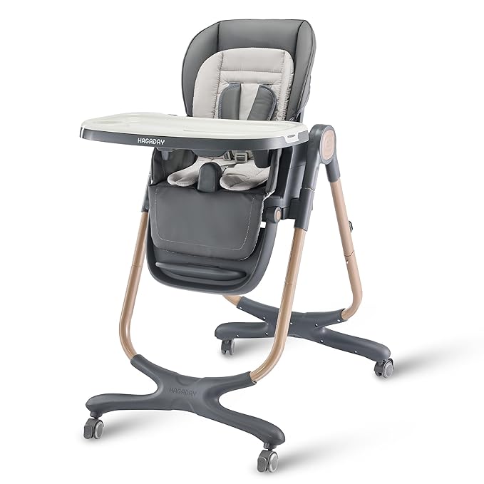 6 in 1 Convertible High Chairs for Babies and Toddlers,Portable High Chair with Dishwasher Tray and 4 Wheel,Booster Seat for Dining Table,Foldable Toddle and Baby Feeding Highchair (Gold-Grey)