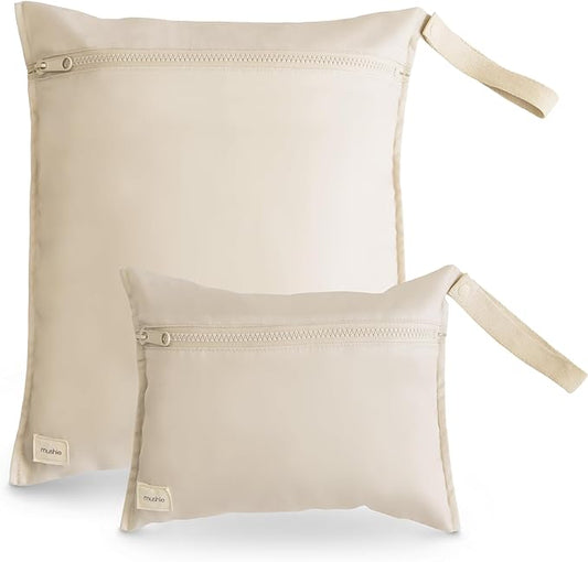 mushie Water Resistant Wet Bags | Large & Small Reusable Storage Bag for Baby Items and Travel | Zippered Pockets with Handle | Machine Washable, Set of 2 (Fog)