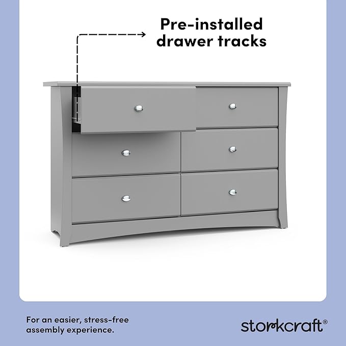 Storkcraft Crescent 6 Drawer Double Dresser (Pebble Gray) – GREENGUARD Gold Certified, Nursery Dresser for Kids Bedroom