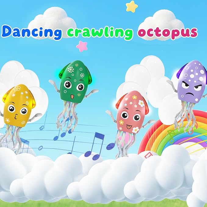 Dancing Octopus Toy Electric Crawling Baby Toy with Lights & Music Tummy Time Octopus Toy | DIY Expressions, Obstacle Avoidance | for Boys and Girls Party Gift Birthday, Christmas (Yellow)