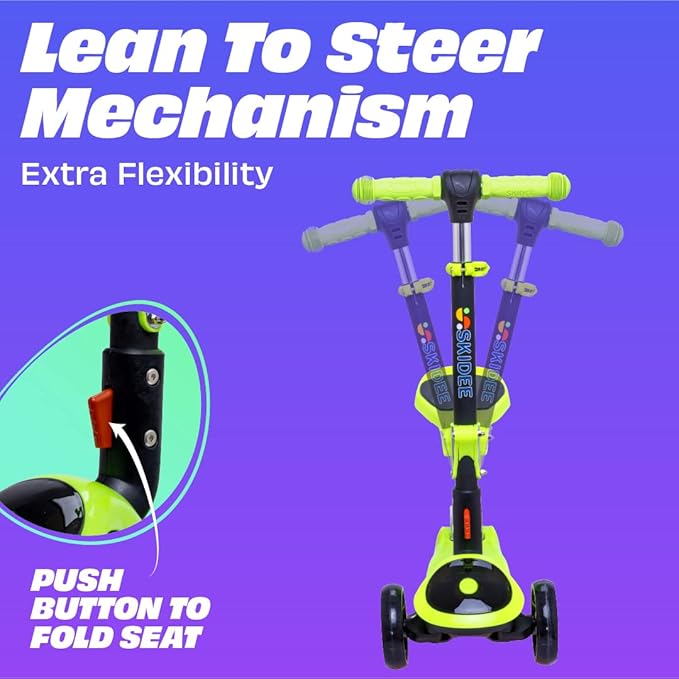 SKIDEE Kick Scooters for Kids Ages 3-5, Adjustable Height Foldable Scooter with Removable Seat, 3 LED Light Wheels, Rear Brake, Wide Standing Board, Suitable Up to 12 Year Old Boys/Girls