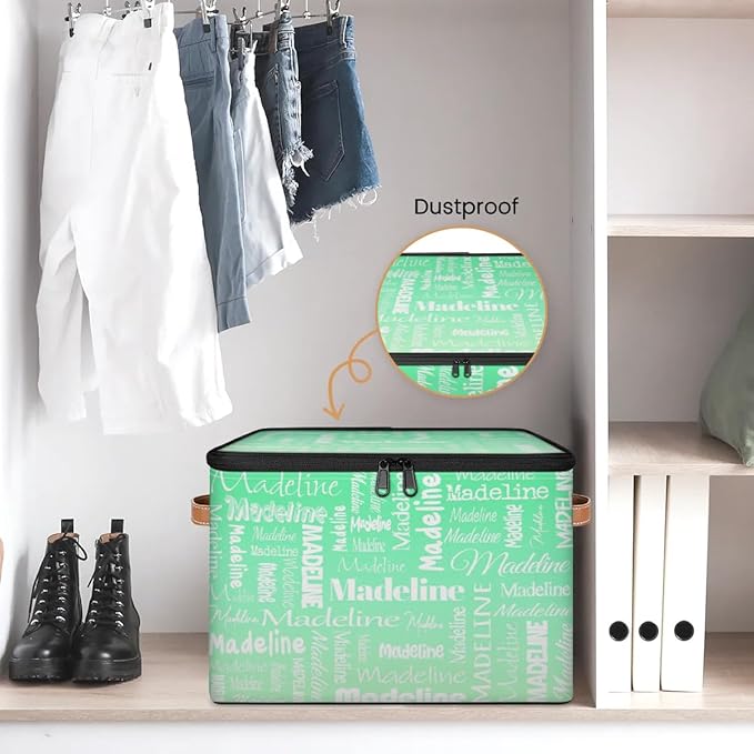 Custom Storage Basket with Name, Personalized Storage Bins with Zipper Lid, Foldable Fabric Storage Box Large capacity with Handle Green Gradient
