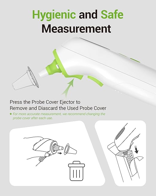Ear Thermometer with Heated Probe, High Accuracy Thermometer for Kids, Adults and Babies with 32 Memory Recall, Mute and Night Light, Includes 21 Disposable Probe Covers, Storage Box,