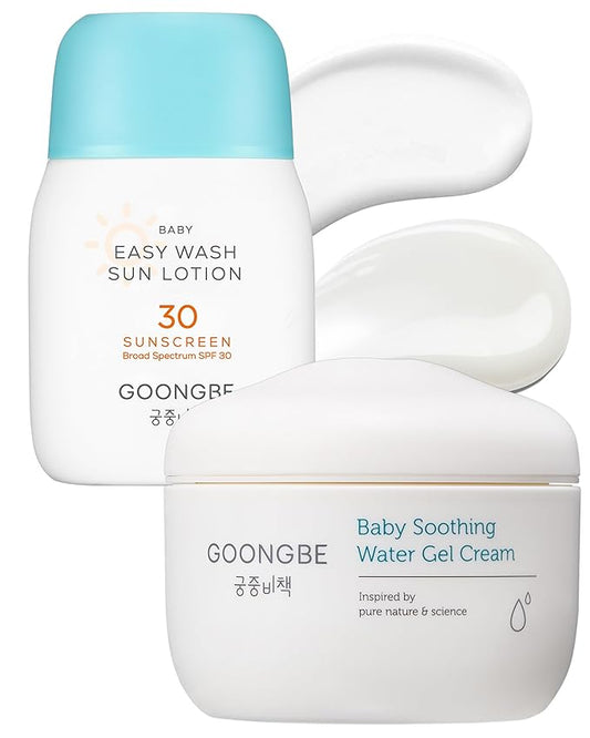 Baby Easy Wash Sun Lotion SPF 30 & Soothing Water Gel Cream - Korean Zinc Oxide Mineral Sunscreen & Cooling Moisturizer - Vegan Hypoallergenic for Ages 0-3, Lotion 2.11oz & Gel Cream 3.38oz
