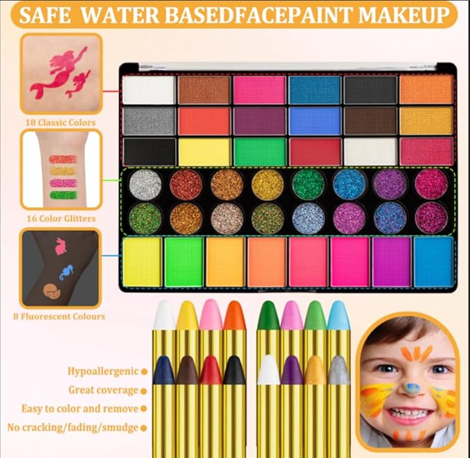42 Color Face Painting Kit for Kids-Non Toxic Water Activated Face Paint Palette with 16 Crayons,6 Reusable & 63 Sticky Stencils,Brushes,Gems.Ideal Choice for Carnival,Halloween,Parties,Makeup etc.