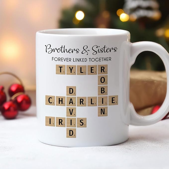 Trending Custom Brothers And Sisters Forever Linked Together Crossword Puzzle Art Personalized Mug, Gift For Brothers, Sisters, Siblings, Family Member on Birthday Christmas