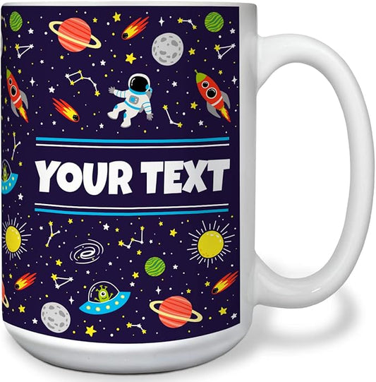 Personalized Mug for Kids - Outer Space - Custom Name/Text, Ceramic Hot Chocolate/Cocoa/Coffee Cup for Boys/Girls, Birthday/Christmas/Holiday Gift - 15 oz, White Handle