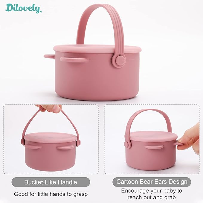 Snack Cups for Toddlers, Baby Snack Containers, Silicone Toddler Snack Cups No Spill, Food Catcher with Lid & Bucket-like Handle, BPA Free & Dishwasher Safe, 9 Ounce Rose