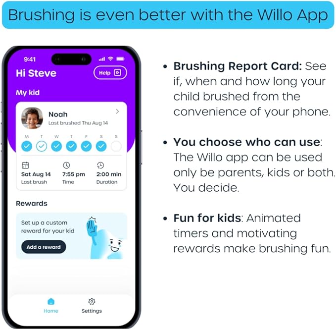 Willo Fully Automatic Kids U-Shaped Electric Toothbrush - 2 Brushing Timers, Deep-Cleans, Consistent Results, Eliminates Brushing Mistakes - Berry Splash (Small - Kids Ages 5-7 Years)