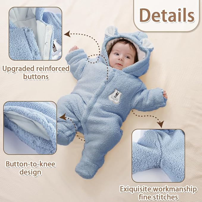 XIFAMNIY Newborn Fleece Footie Jumpsuit Hooded Warm Thicken Winter Outwear Snowsuit for Baby Girls and Boys