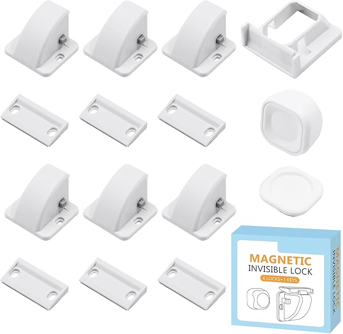 Magnetic Cabinet Locks for Baby Safety, Children Proof Cupboard Drawers Latches, Safe & Easy Install, Multi-Purpose Adhesive No Need for Screws or Tools(6 locks and 1 Key)
