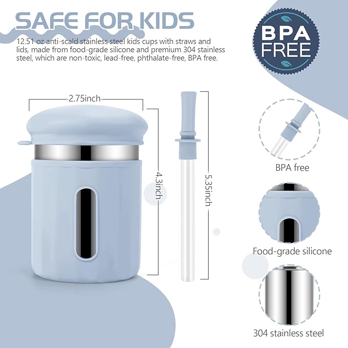 Stainless Steel Kids Cups, 12.51 oz Toddler Tumbler with Straws and Lids, Spill-Proof Baby Smoothie Cups with Silicone Sleeve, Versatile 2-in-1 Drinking Snack Cups for Kids, 4 Colors A