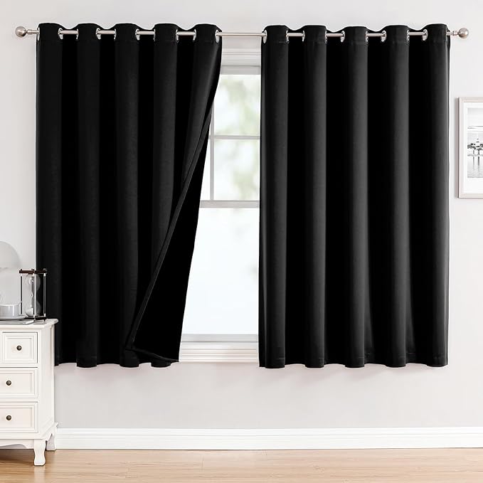 ChrisDowa 100% Blackout Curtains 63 inch Long for Bedroom with Black Liner, Extra Wide 2 Thick Layers Total Blackout Thermal Insulated Grommet Window Curtains 2 Panels Set (Black, 60 x 63 Inch)