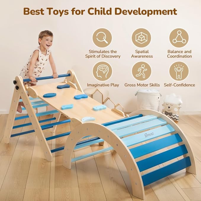 Pikler Triangle Set with Cushion, 8-in-1 Toddler Climbing Toys Indoor, Wooden Montessori Climbing Set with Arch Ramp,Ladder&Tent Cloth, Baby Indoor Climber Jungle Gyms for Toddlers Toy, Blue