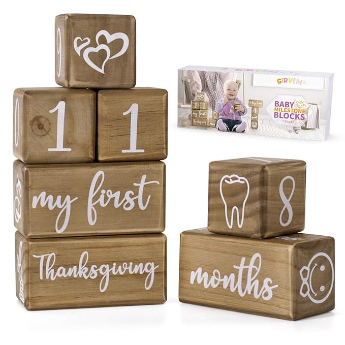 Baby Monthly Milestone Blocks for Boy or Girl, Milestones Age Photo Block Set for Baby Shower, Pregnancy Countdown, 7 Pcs