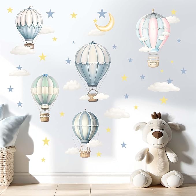 Balloon Wall Decals for Kids Room: Peel and Stick Hot Air Balloon Stars Cloud Wall Stickers - Baby Nursery Boys Room Girls Bedroom - Children Supplies Ages 1-12 Years Wall Decor Art