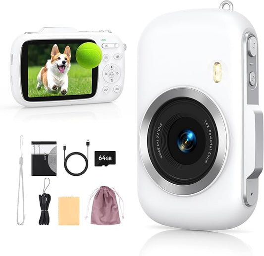 Digital Camera 4K 64MP - Vlogging Camera for Kids & Beginners | 18X Zoom Point and Shoot Camera Anti Shake, Compact with Flash, Gift for Boys Girls(White+Silver)