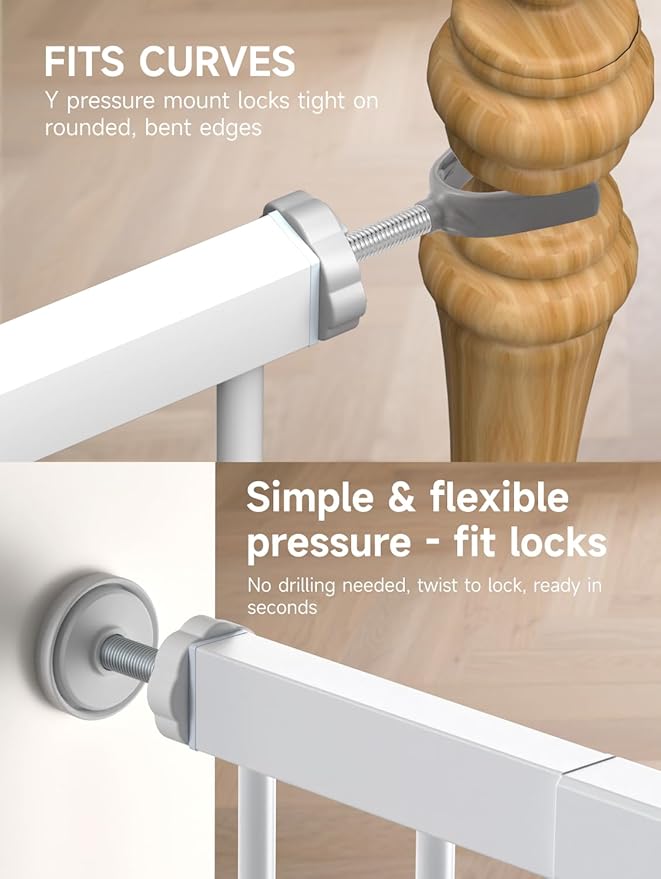 Baby Gate for Stairs, 30'' Tall 29.5-46" Extra Wide Dog Gate for Stairs Walk Thru Auto Close Metal Pet Gate for The House, Stairs and Doorways Child Gate Pressure Mounted Safety Gate Indoor - White