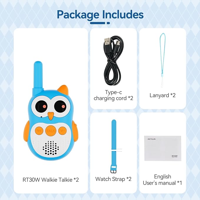 Retevis RT30W Walkie Talkies for Kids Rechargeable, Owl Toys for Kids Birthday Gifts, Toy Walkie Talkie Watch with LED Eyes, for Boys Girls Outdoor Camping Hiking Family Games (1 Pair)