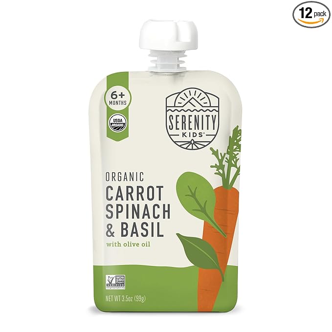 Serenity Kids 6+ Months Veggie Puree Baby Food Pouches - Carrot, Spinach & Basil - USDA Organic Baby Food & Allergen Free - No Added Sugar & BPA Free - 3.5 Oz, 12 Pack