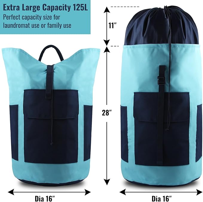 Laundry Bag Backpack, 125L Extra Large Travel Laundry Bags with Shoulder Straps, Adjustable & Extendable Design, Laundry Hamper Bag with 3 Pockets for Laundromat, College, Travel, Camping
