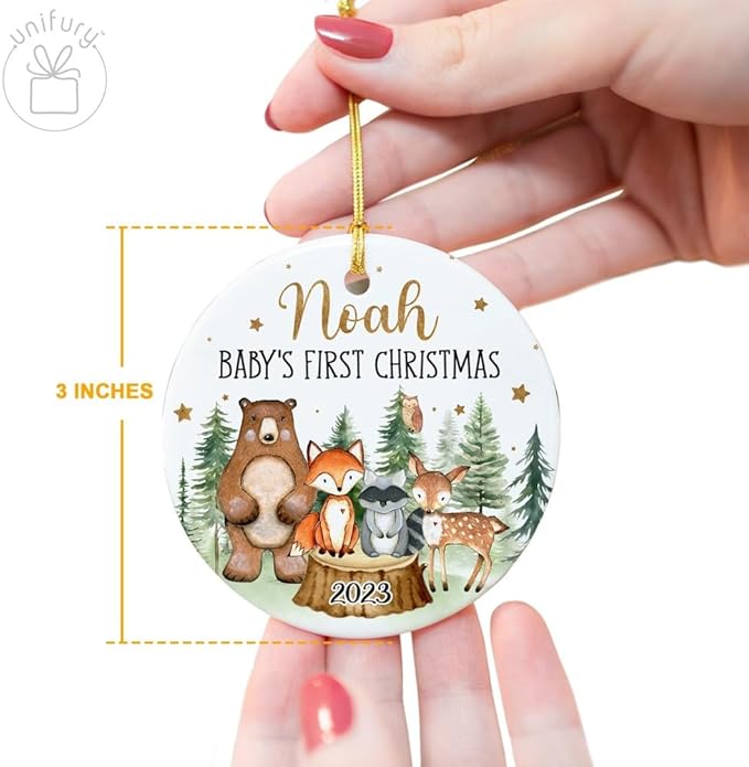 Unifury Personalized Baby First Christmas Ornament 2024, Adorable Keepsake for Babies First Christmas Tree, Holiday Decor for Celebrating Ceramic Babys 1st Christmas Ornament 2024, Woodland Animal
