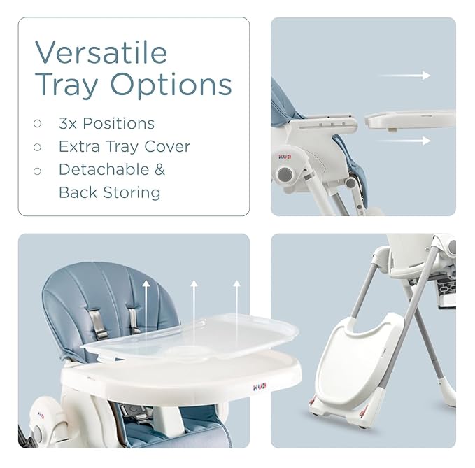 KÜB 3-in-1 Foldable Baby High Chair, 7 Height & 4 Recline Adjustable Seat & Tray for Easy Clean, 2 Locking Wheels, Multifunctional Infant High Chairs for Babies and Toddlers (Blue, with Toys)