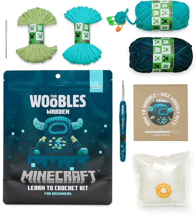 The Woobles Minecraft Crochet Kit – Beginner Crochet Kit for Adults & Kids, Easy Knitting Kit with Woobles Yarn, DIY Crafts, Crochet Animals, Minecraft Toys, Gift for Gamers & Crafters (Warden)