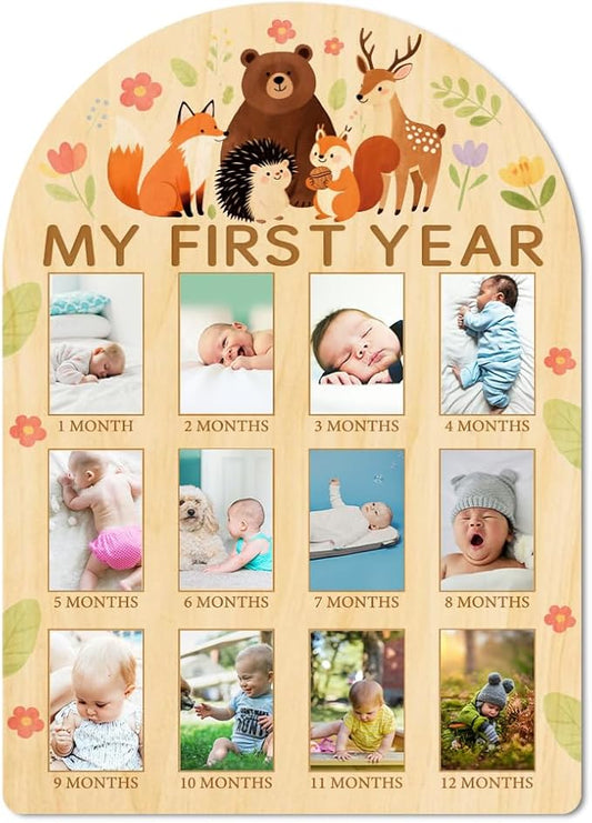 ORIGACH My First Year Baby Growth Photo Display Wood Board - 12 Months Newborn Milestones Photo Board - Neutral Baby Keepsake Frame 1st Birthday Party Nursery Decor New Mom Gift - Forest Animals