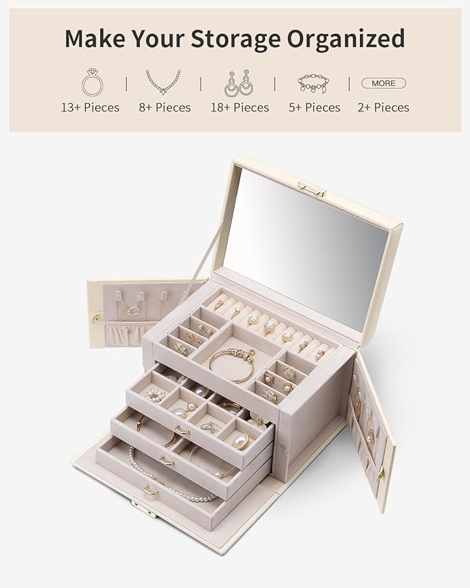 Vlando Jewelry Box for Mothers Day Teacher Appreciation Gifts, 4-Tier Jewelry Organizer with Lock, Mirror Jewelry Box for Earring, Ring, Necklace and Bracelets, Jewelry Storage for Women Girls - Beige