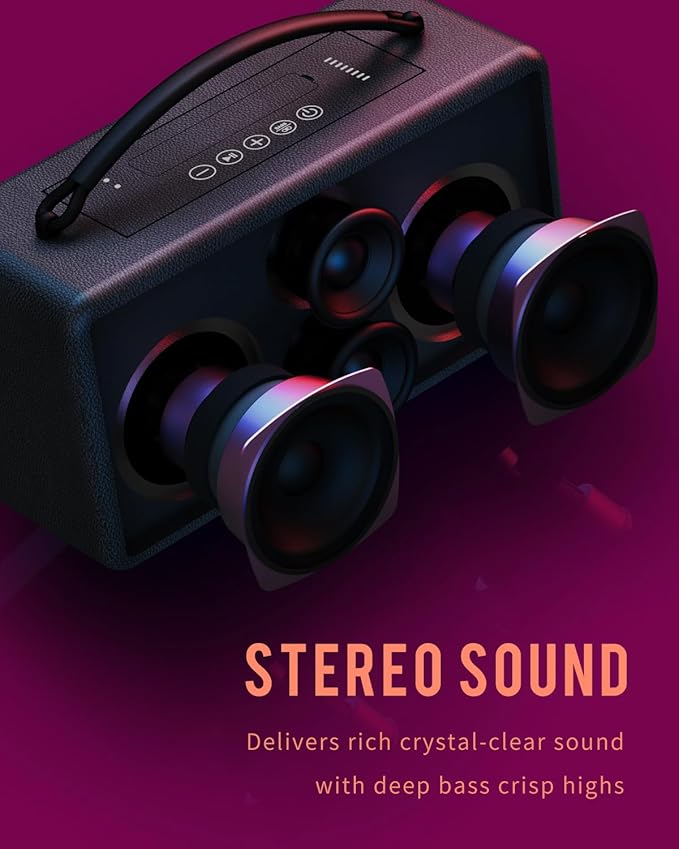 DINDIN Portable Bluetooth Speaker: 80W (Peak), 20H Playtime, Loud Wireless Wood Speakers with Bass, AUX and USB Input, Subwoofer, TWS Pairing, Vintage Speaker for Outdoor, Home, Office (Black)