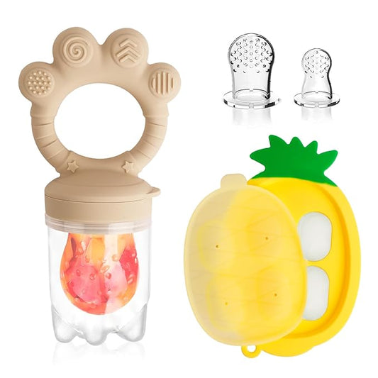 Baby Fruit Food Feeder - Silicone Nibble Tray Combo - Breastmilk Popsicle Mold for Cooling Relief, BPA Free Mesh Feeder for Infant Self Feeding (Claw Beige + Pineapple)