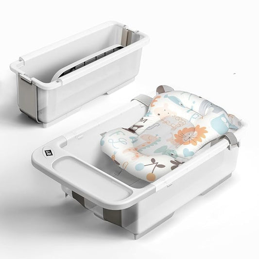 Collapsible Baby Bathtub - Large Capacity Baby Bath Tub with Thermometer & Soft Cushion | Portable Travel Newborn Infant Bathtub | Foldable Toddler Bathtub for Baby 0 to 36 Months (no Stand)