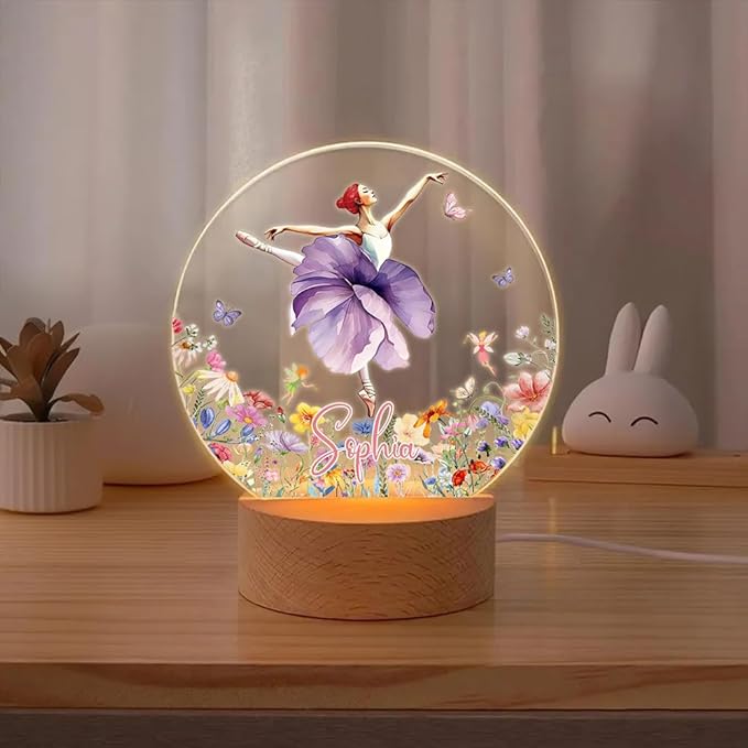 callie Acrylic Night Light Name Plate Personalized, Custom Cute Fox Deer Turtle Forest Animal with Wooden Base Bedroom Decor, Birthday Gifts Kid Gifts for Family (Beautiful Ballet Girl)
