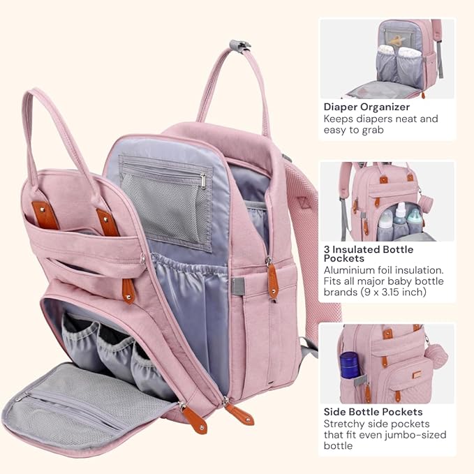BabbleRoo Diaper Bag Backpack - Baby Essentials Travel Tote - Multi function Water Resistant Diaper Bag, Travel Essentials Baby Bag with Changing Pad, Stroller Straps & Pacifier Case - Unisex, Pink