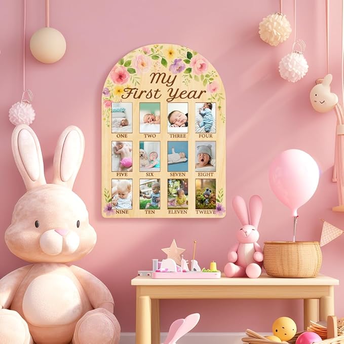 ORIGACH My First Year Baby Growth Photo Display Wood Board - 12 Months Newborn Milestones Photo Board - Neutral Baby Keepsake Board 1st Birthday Party Nursery Decor New Mom Gift - Flower