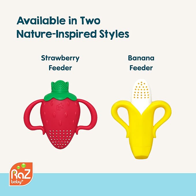 RaZbaby Fruitique Fruit Feeder One-Piece Baby – Larger Opening for Refilling & Fits More Fresh/Frozen Fruit for Teething Relief, Easy to Hold, Safer Design, BPA-Free, Dishwasher Safe - Strawberry
