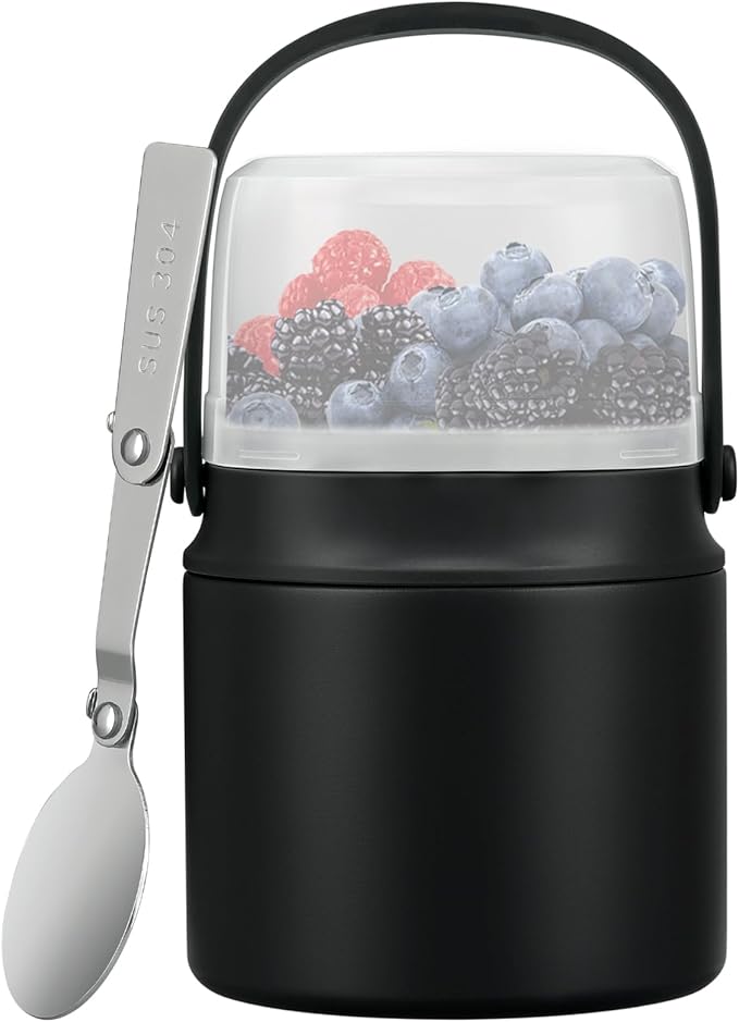 2-in-1 Insulated Food Jar & Snack Container - 15oz Kids Soup Thermos for Hot Food with Handle and Spoon, Leak Proof Reusable Toddler Snack Box, Perfect for School & Travel, Black