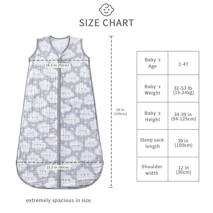 Baby Sleep Sack 2-4 T Baby Wearable Blanket 100% Organic Cotton 0.5 TOG Toddler Sleep Sacks 2- Way Zipper Soft 4 Layers 2T 3T 4T Cloud