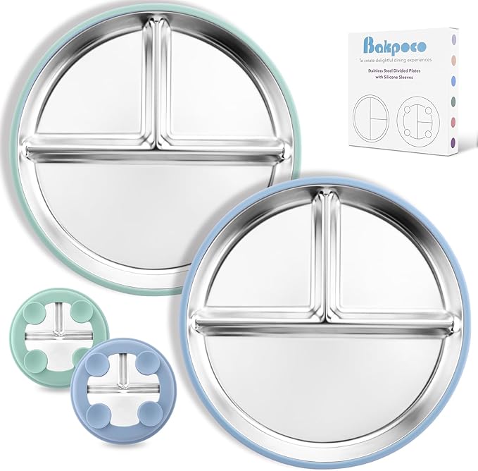 Stainless Steel Toddler Plate with Suction, 9” Divided Plates with Removable Silicone Sleeves for Kids, Non Toxic & BPA Free | Non Slip | Unbreakable Baby Snack Dishes Set of 2, Blue & Sage